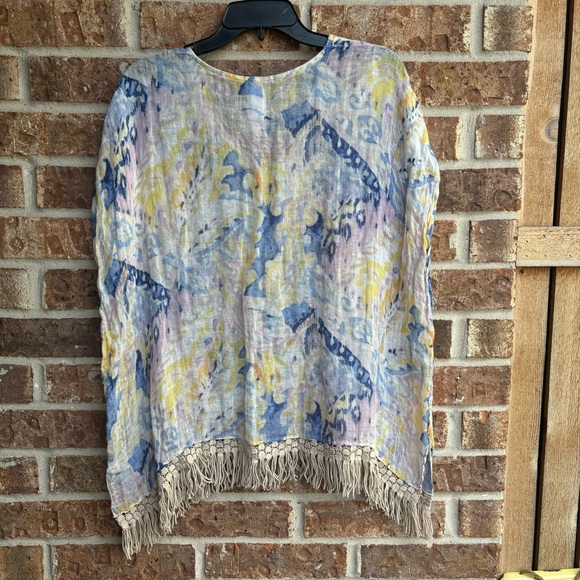 Chico’s Hand Painted Paisley Poncho Linen Fringe Poncho Multi Print Size S/M - Picture 4 of 5